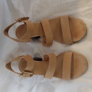 J. Crew Three Strap Stacked Heel Sandals in Suede - Pale Mocha - size 9